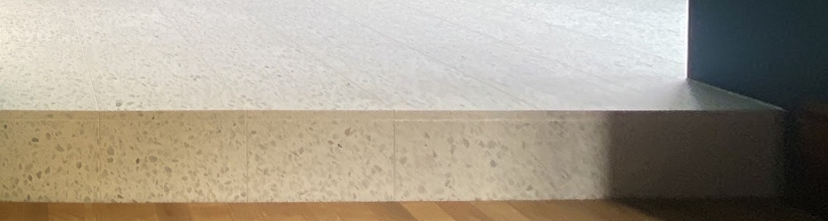 Terrazzo tegelvloer met een opstap naar de keuken, naast een parketvloer